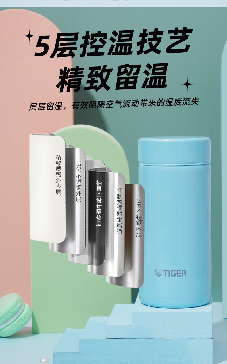 Термокружка TIGER Mengzhongli, нержавеющая сталь, вакуумная, 200 мл, цвет "Shell Pink"