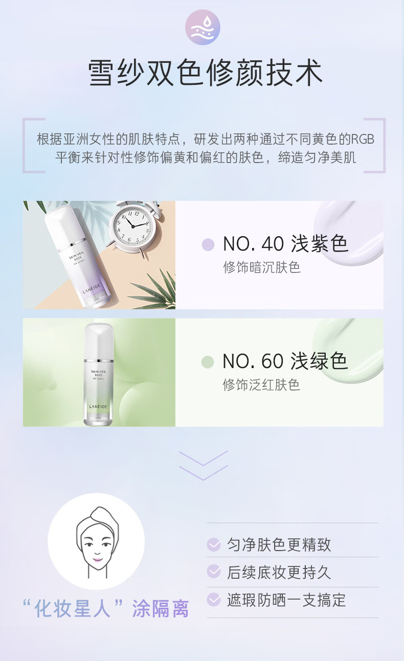 兰芝（LANEIGE）雪纱隔离霜妆前乳紫色防晒10ml*3支 中小样，介意慎拍 提亮肤色