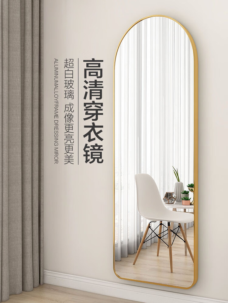 娜兰斯 铝合金穿衣镜全身镜子贴墙壁挂粘贴免打孔北欧家用现代简约试衣镜 拉丝银 60*165