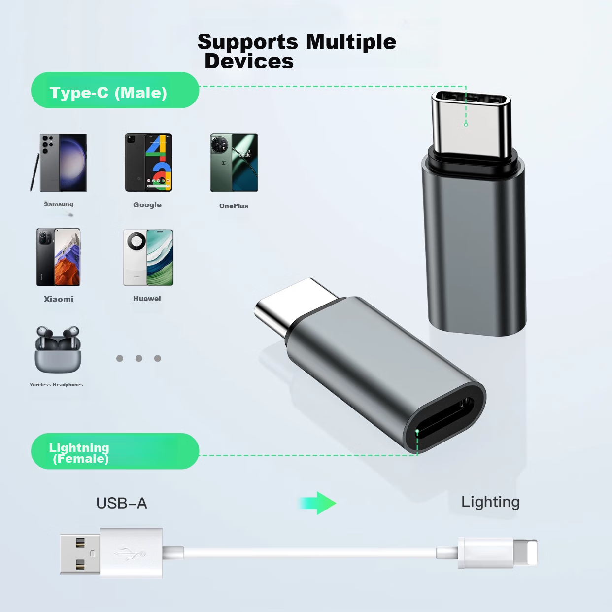 Переходник Shishan Apple Lightning female - Type-C male, 35W/20W PD, алюминиевый сплав, серебристый