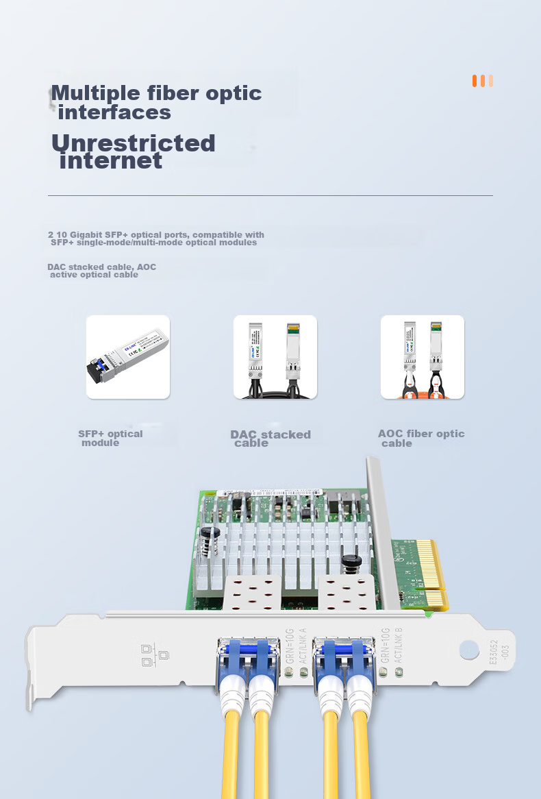 Сетевая карта EB-LINK X520-DA2 PCI-E X8 10G Dual-Port Fiber Optic, Intel 82599 Chip, SFP+ Optical Port, Server Network Adapter E10G42BF