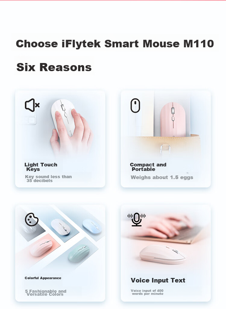 Беспроводная Bluetooth-мышь iFLYTEK M110, офисная, тонкая и портативная, тихие кнопки, умный голосовой ввод, перевод, цвет "Яркая луна" (белый)