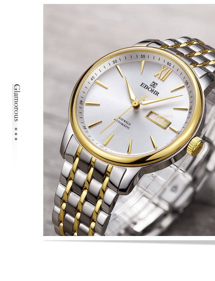 Мужские часы EBOHR Master Series 51879418 с автоматическим механическим механизмом, золотистый браслет из нержавеющей стали, водонепроницаемость 50 м, сапфировое стекло