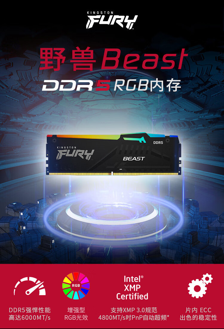 金士顿 (Kingston) FURY 8GB DDR5 5600 台式机内存条 Beast野兽系列 RGB灯条 骇客神条