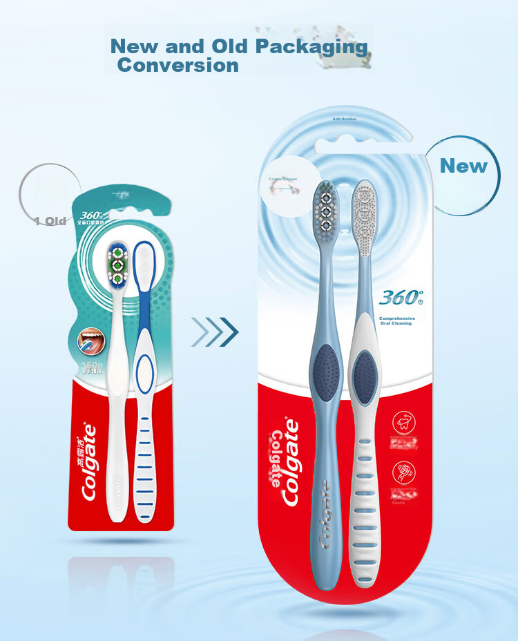 Зубная щетка Colgate 360° Комплексная чистка полости рта для взрослых ×2 (мягкая щетина для уменьшения бактерий на языке) Случайный цвет