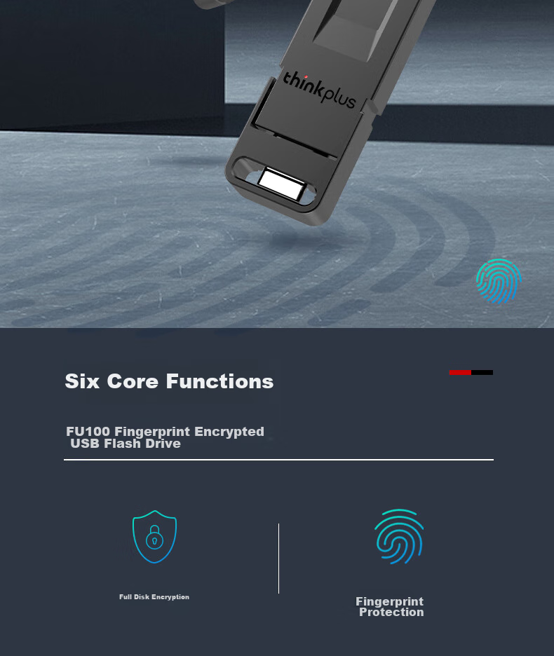 Thinkplus Lenovo 1TB Fingerprint Protection USB Flash Drive, USB3.2 с Type-C Dual Interface, Password Protection, Anti-Leakage, для телефонов и компьютеров, для офиса, серия FU100
