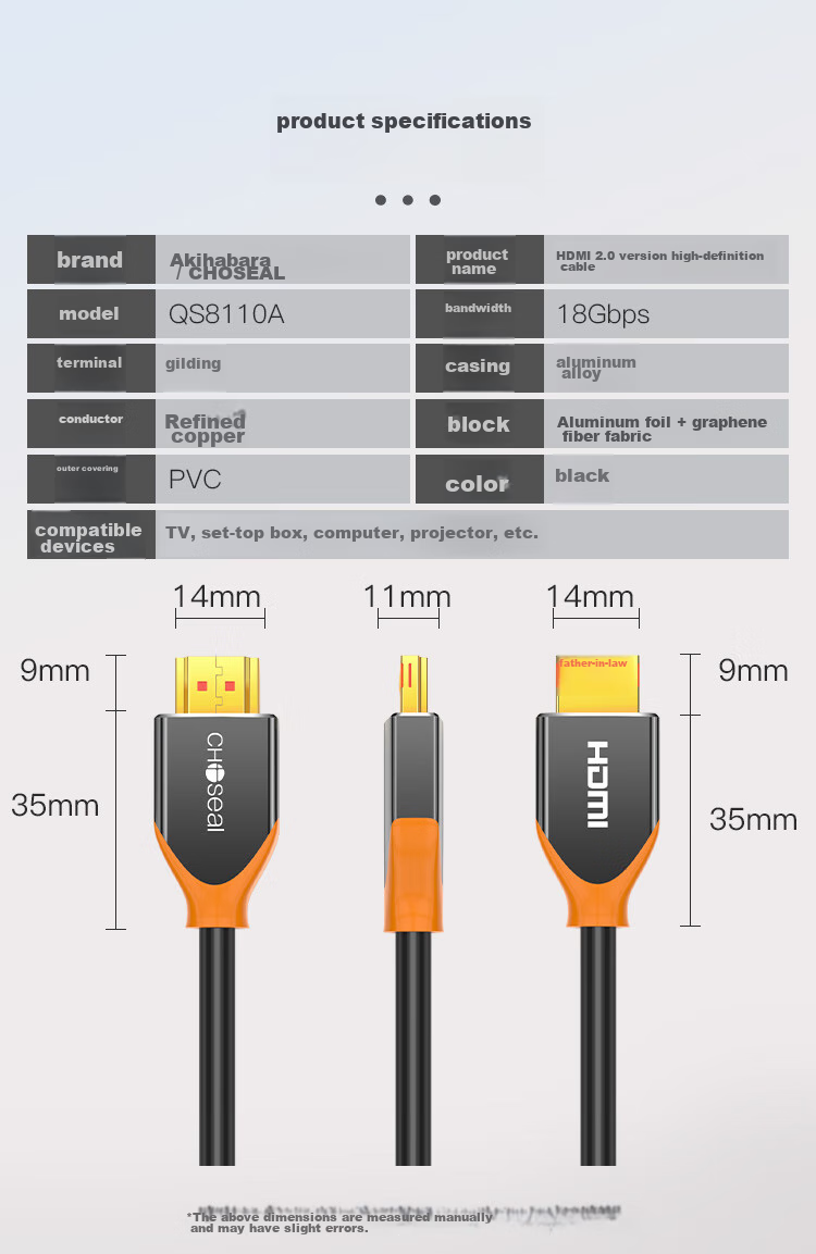 Кабель CHOSEAL HDMI версии 2.0, 4K/60Hz HD, с графеновым экранированием, для подключения ноутбука, ТВ-приставки к телевизору/проектору, 1 метр, QS8110AT1