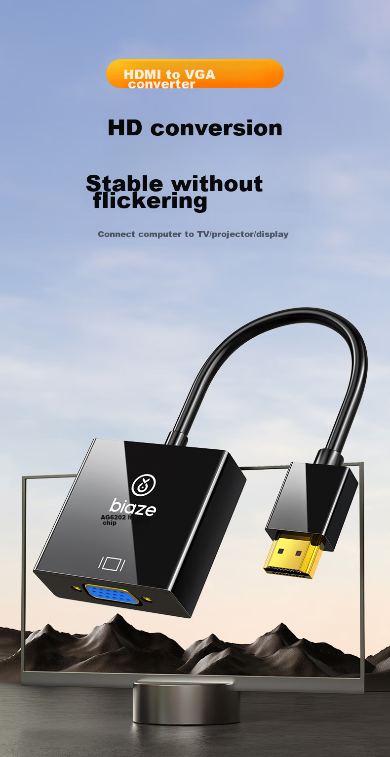 BIAZE [Высокопроизводительный чип AG6202] конвертер HDMI в VGA, адаптер видео высокой четкости, совместимый с ноутбуками, ТВ-приставками, мониторами и проекторами