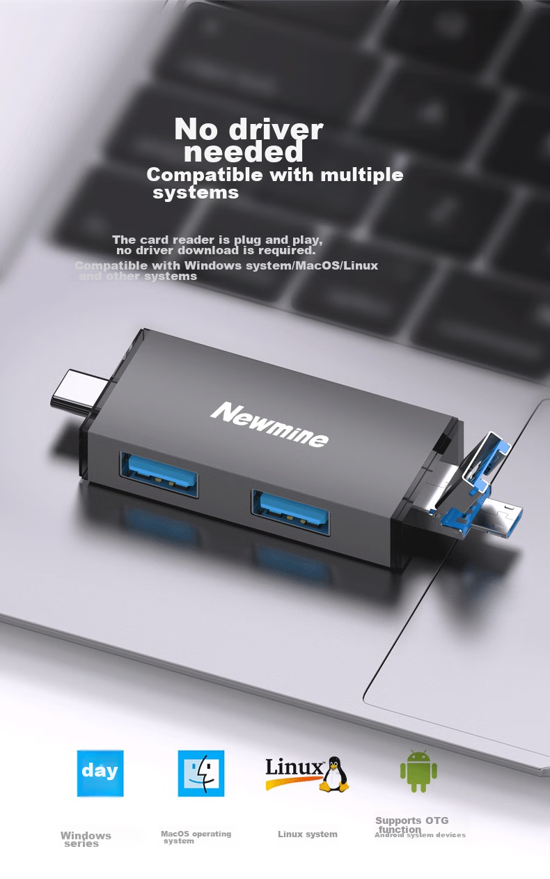 Многофункциональная док-станция Newmine 7-в-1, высокоскоростной кард-ридер, поддержка SD/TF/USB для DSLR-камер, смартфонов, видеорегистраторов, карт памяти
