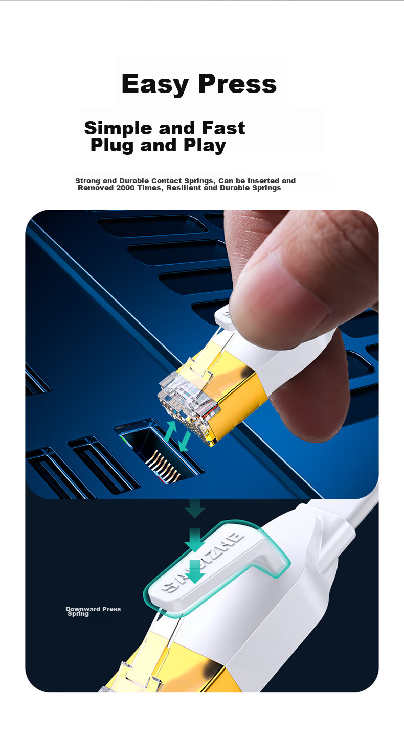 Сетевой кабель SAMZHE CAT7 Flat Pure Copper Shielded Network Cable, 10 Gigabit Ethernet Cable for Home Broadband, White Flat Patch Cord, 8 Meters CAT-708A