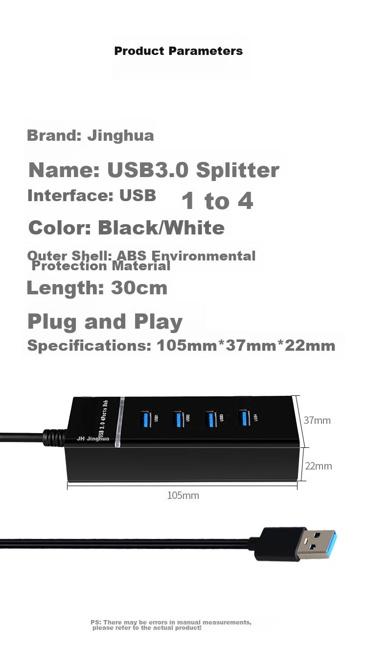 USB-хаб Jinghua JH USB3.0 High-Speed Multi-Port Hub, 4 порта, черный