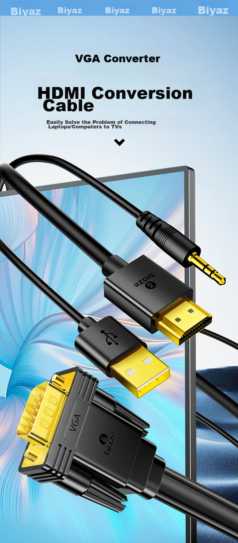 Переходник BIAZE VGA на HDMI с аудио, 3 метра, черный