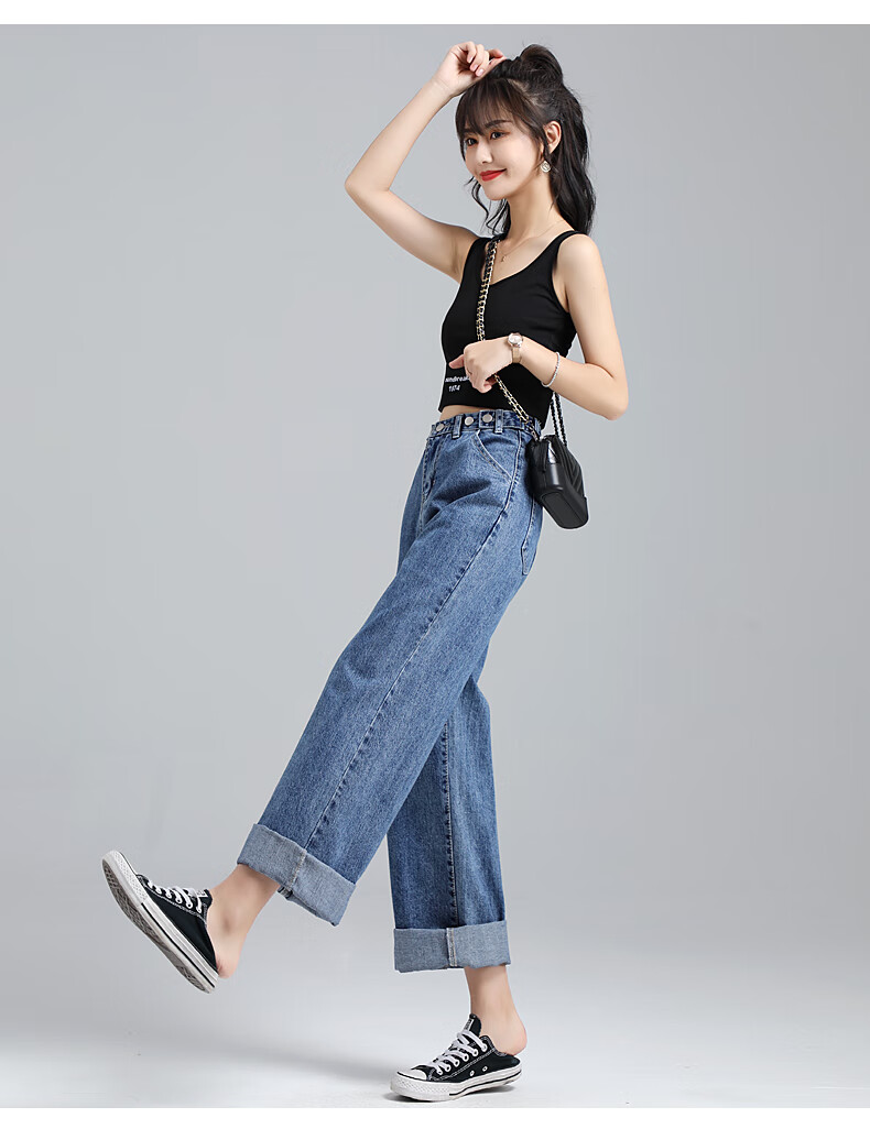 Джинсы Jeanswest Женские, 2025 Осень, Широкие штанины с высокой талией, Модные свободные брюки, Темно-синие, Размер XL