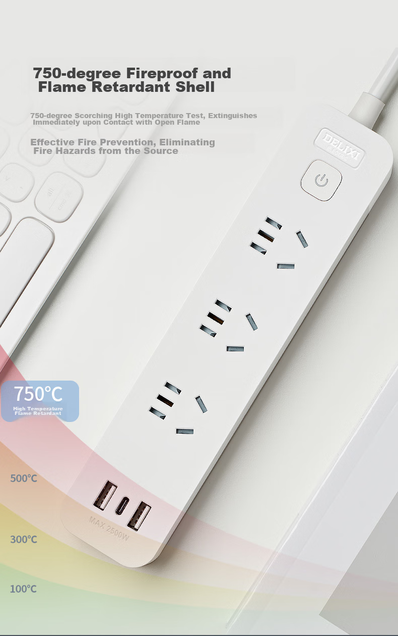 Сетевой фильтр DELIXI с USB-портами, 2 розетки, 1 USB Type-C, 1.8 метра, белый