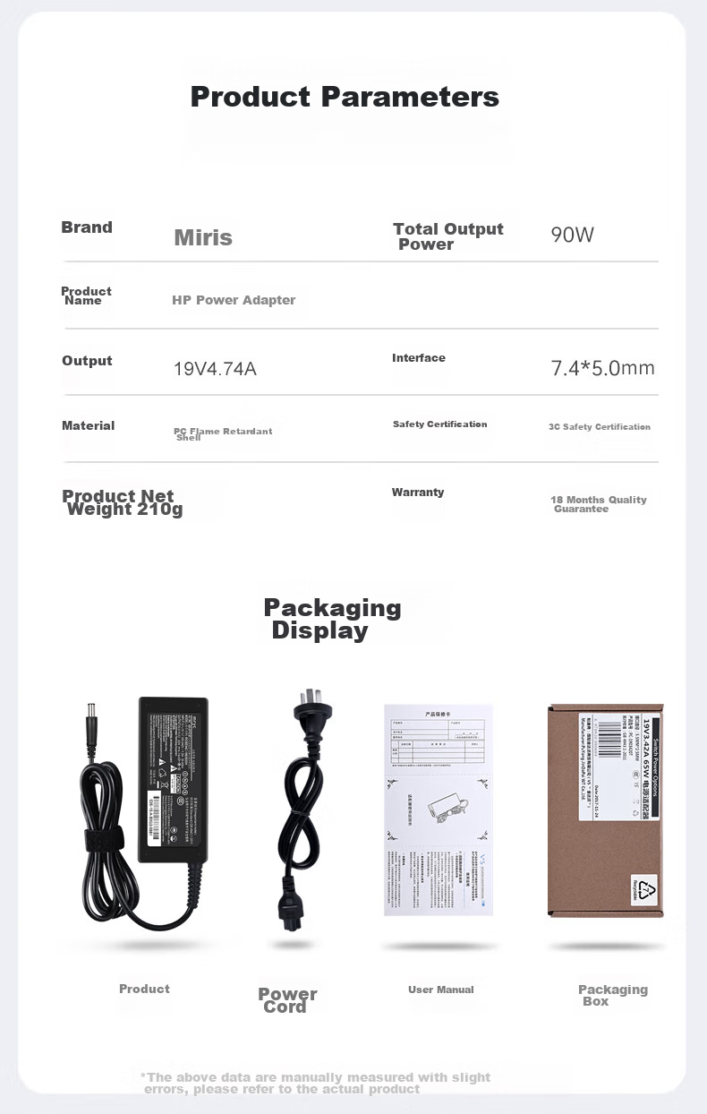 Зарядное устройство mryc для ноутбука HP, универсальное 90W, 19V 4.74A, с большим портом и пином, совместимое с HP 4411S/4446S CQ40/42 DV4/5 G4