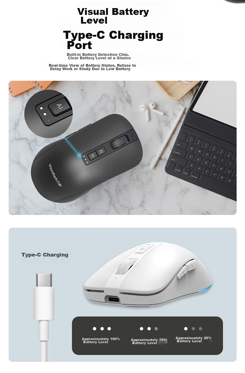VENFISH AI Smart Voice Mouse S8 Беспроводная Bluetooth Офисная Мышь с ИИ, Генерация PPT, Чтение текста, Перевод, Черная
