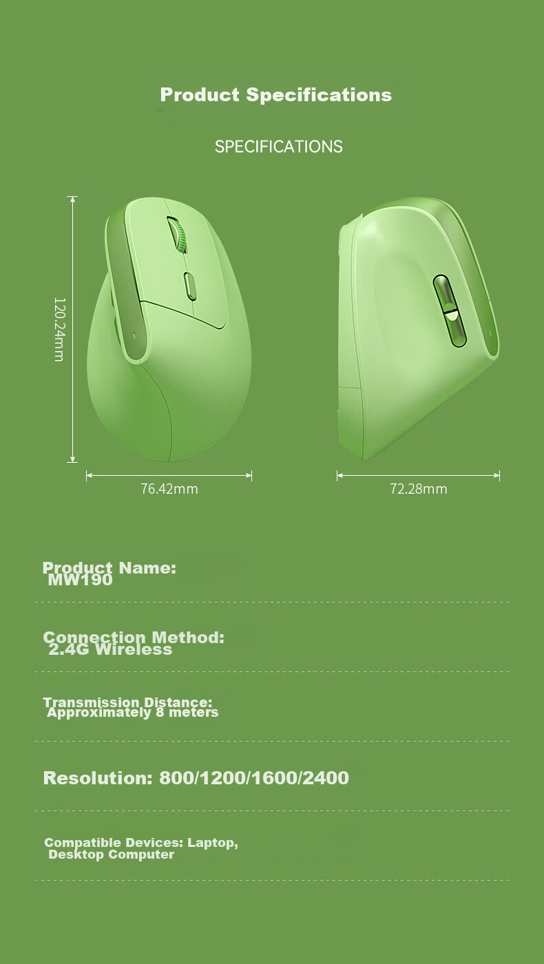 Эргономичная беспроводная мышь B.O.W MW190L Vertical, вертикальная, для ноутбука и ПК, зеленый
