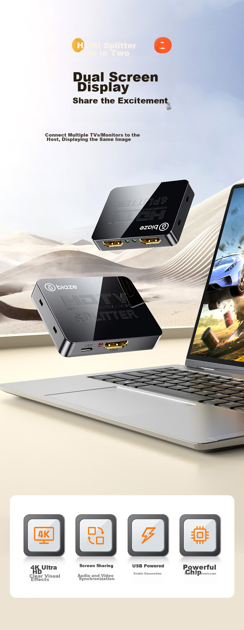 HDMI-разветвитель BIAZE 4K HD, один вход, два выхода, для ноутбука, телевизора, монитора, проектора, зеркальное отображение экрана