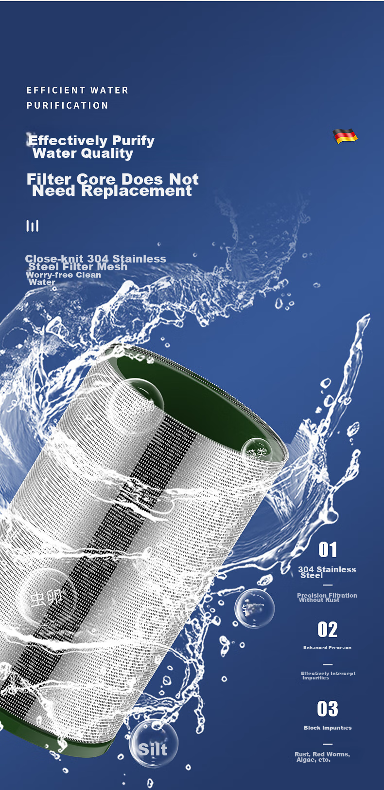 Фильтр для воды muvi GLQ002L, для душа, стиральной машины, водонагревателя, кран, антинакипь, промываемый, 304 нержавеющая сталь