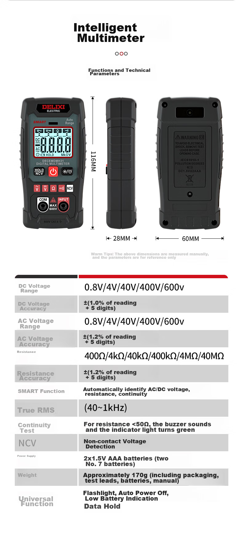 DELIXI ELECTRIC Цифровой мультиметр H31, мини, умный, с защитой от перегорания, бесконтактное измерение напряжения NCV