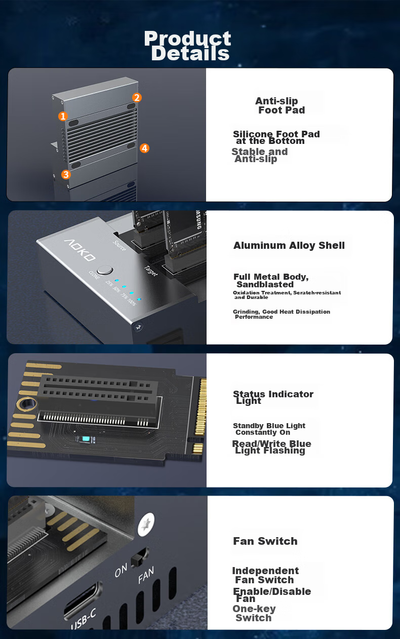 Клонер NVMe SSD AOKO S4CG, 1-на-3, 40 Гбит/с, 4 отсека, с вентилятором