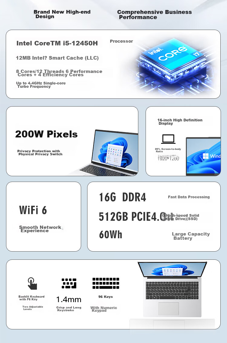 Ноутбук HASEE Elegant X6, 16 дюймов, Intel Core i5-12450H, 16 ГБ ОЗУ, 512 ГБ SSD, Wi-Fi 6, серебристый