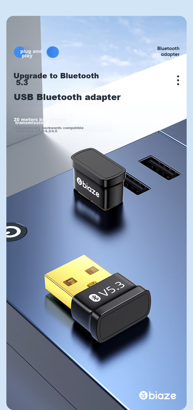 Bluetooth-адаптер BIAZE USB 5.3, приемник и передатчик Bluetooth, Plug and Play, для ноутбуков и настольных компьютеров, подключается к клавиатуре, мыши, внешним динамикам, беспроводным наушникам Bluetooth