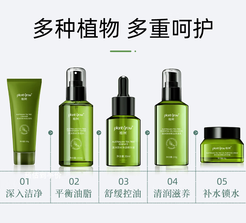 植树（plant grow）茶树水乳凝胶三件套 收缩毛孔控油抗痘补水保湿护肤品套装礼盒
