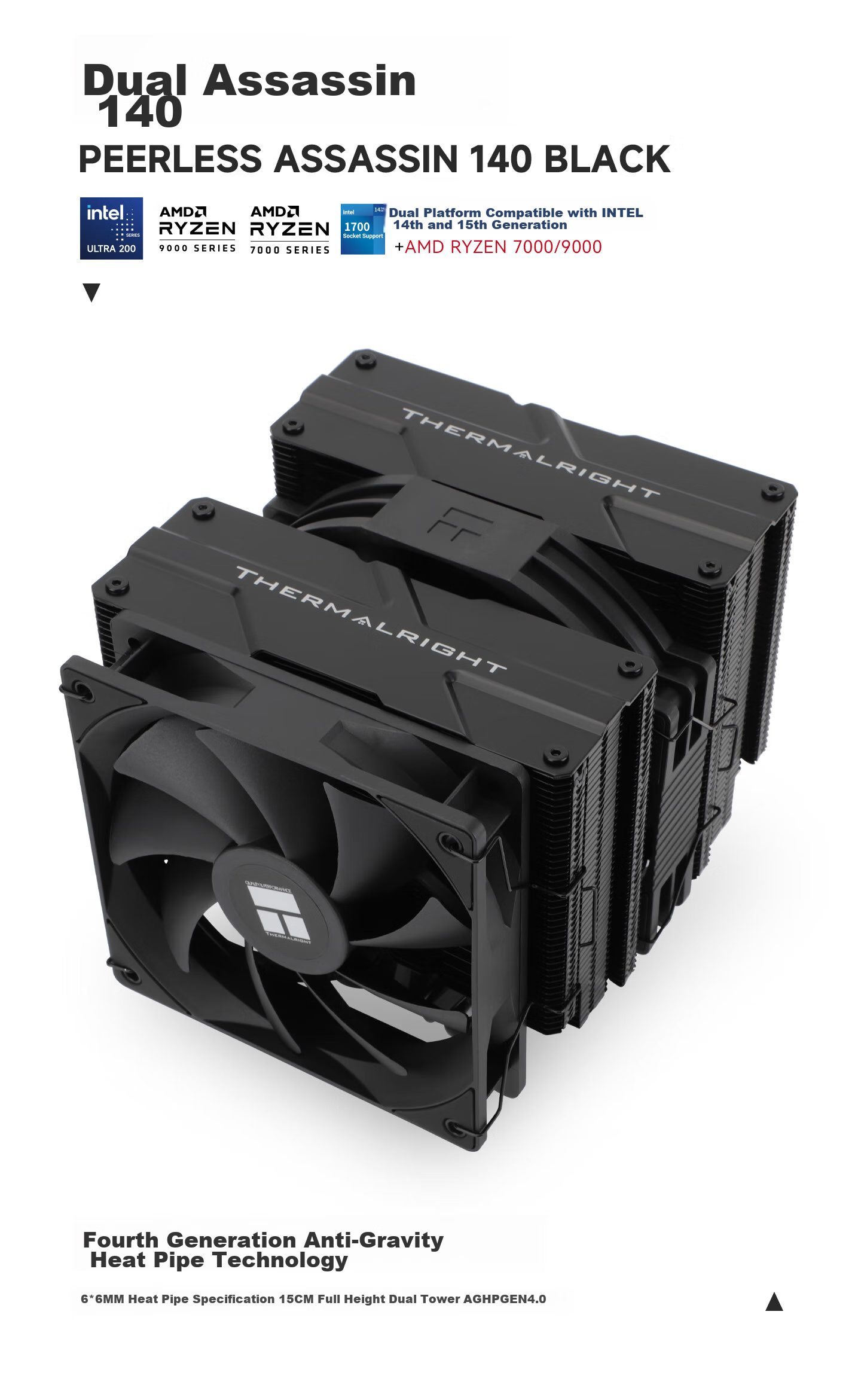 Воздушный кулер Thermalright Peerless Assassin 140 BLACK, AGHP GEN4.0, двухбашенный, черное покрытие, PA140 BLACK
