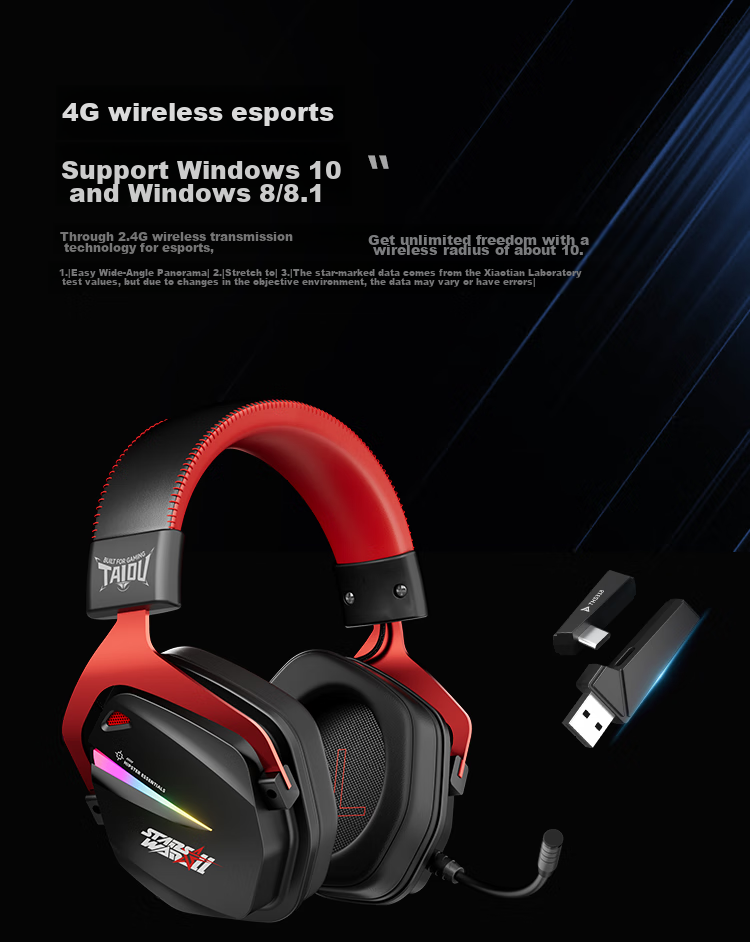 Игровая гарнитура Taidu THS326, беспроводная Bluetooth, 7.1 объемный звук, проводная/беспроводная, черный с красным