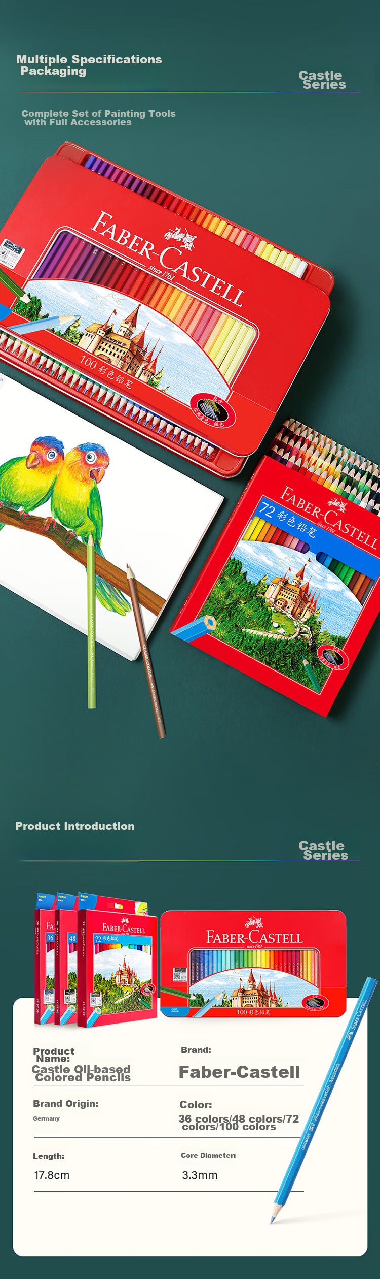 Цветные карандаши Faber-Castell, набор из 72 цветов, масляная основа, для рисования, студенческие художественные принадлежности, серия Castle, в бумажной коробке, подарок на Новый год