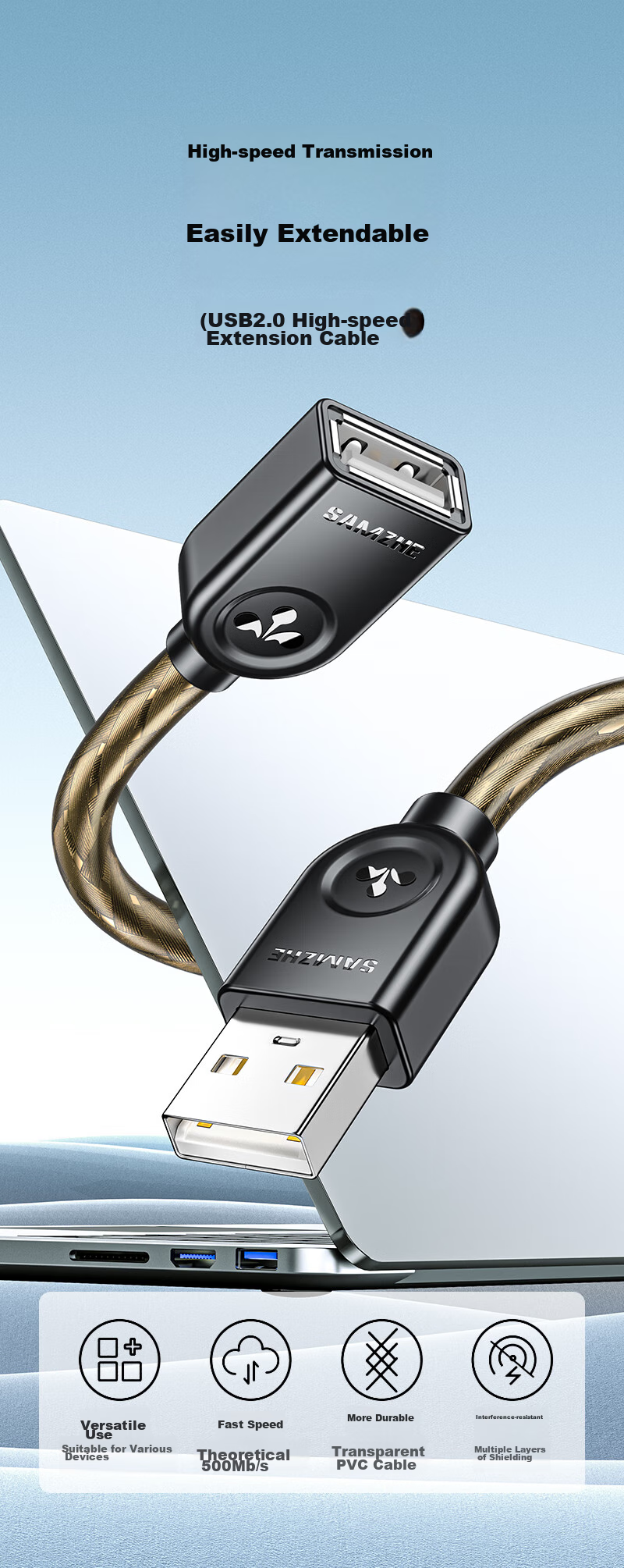 Кабель-удлинитель SAMZHE USB 2.0 AM/AF, 1.5 метра, черный