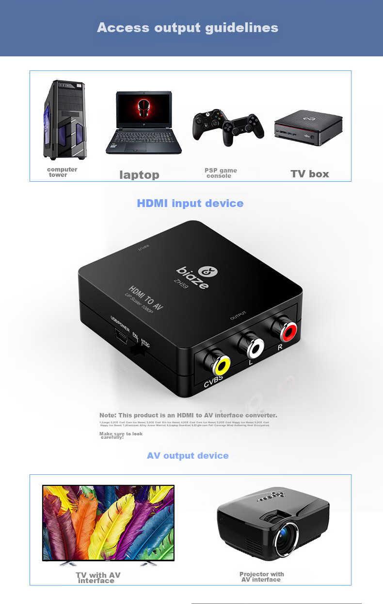 Конвертер BIAZE HDMI в AV (3RCA) с USB-питанием, для подключения ноутбуков, ТВ-приставок к телевизору, 1.8 м