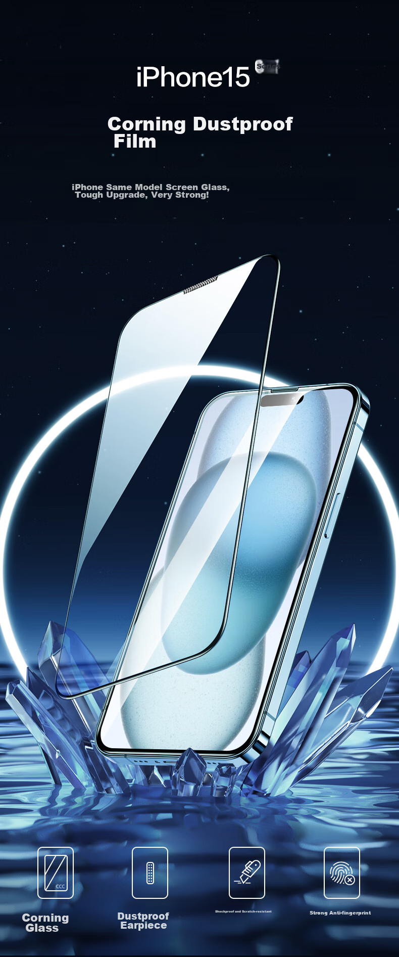 Защитное стекло PISEN для iPhone 15 Pro Max, полное покрытие Corning Glass, HD Clear, пыленепроницаемое, антиотпечатки, ударопрочное, 1 шт.
