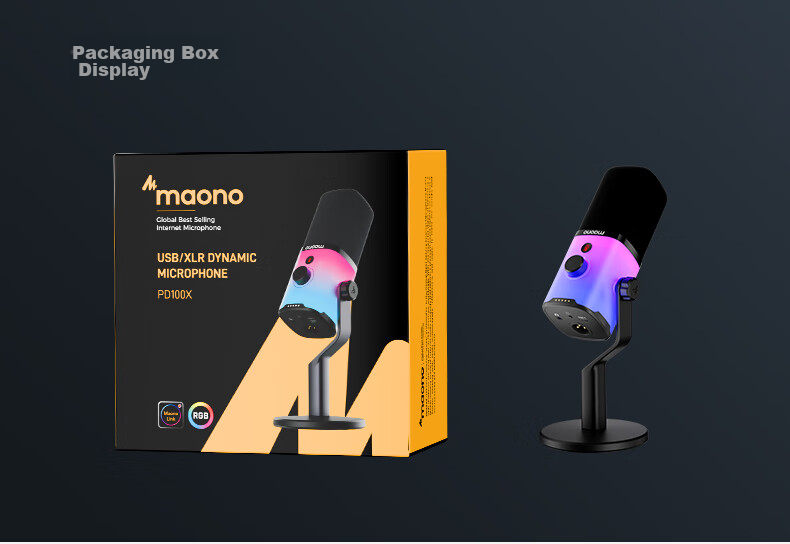 Динамический микрофон Maono PD100XS для компьютера, стриминга, игр, пения, записи, с USB-звуковой картой, шумоподавлением и RGB-подсветкой