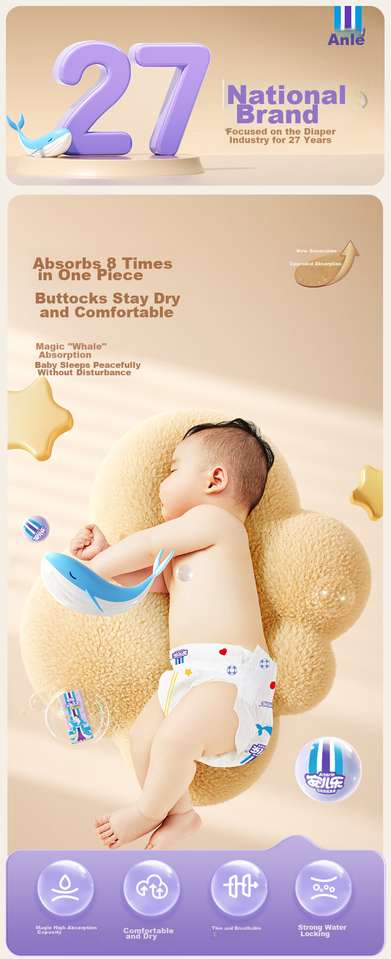 Подгузники Anerle Magic Absorbent Diapers XXL, 38 шт. (для детей от 15 кг), дышащие, с высокой степенью впитывания, одноразовые подгузники для ночного использования