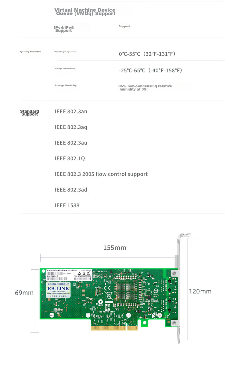 Сетевая карта EB-LINK X540-T2, 2 порта 10G RJ45, чипсет Intel X540, PCI-E x8