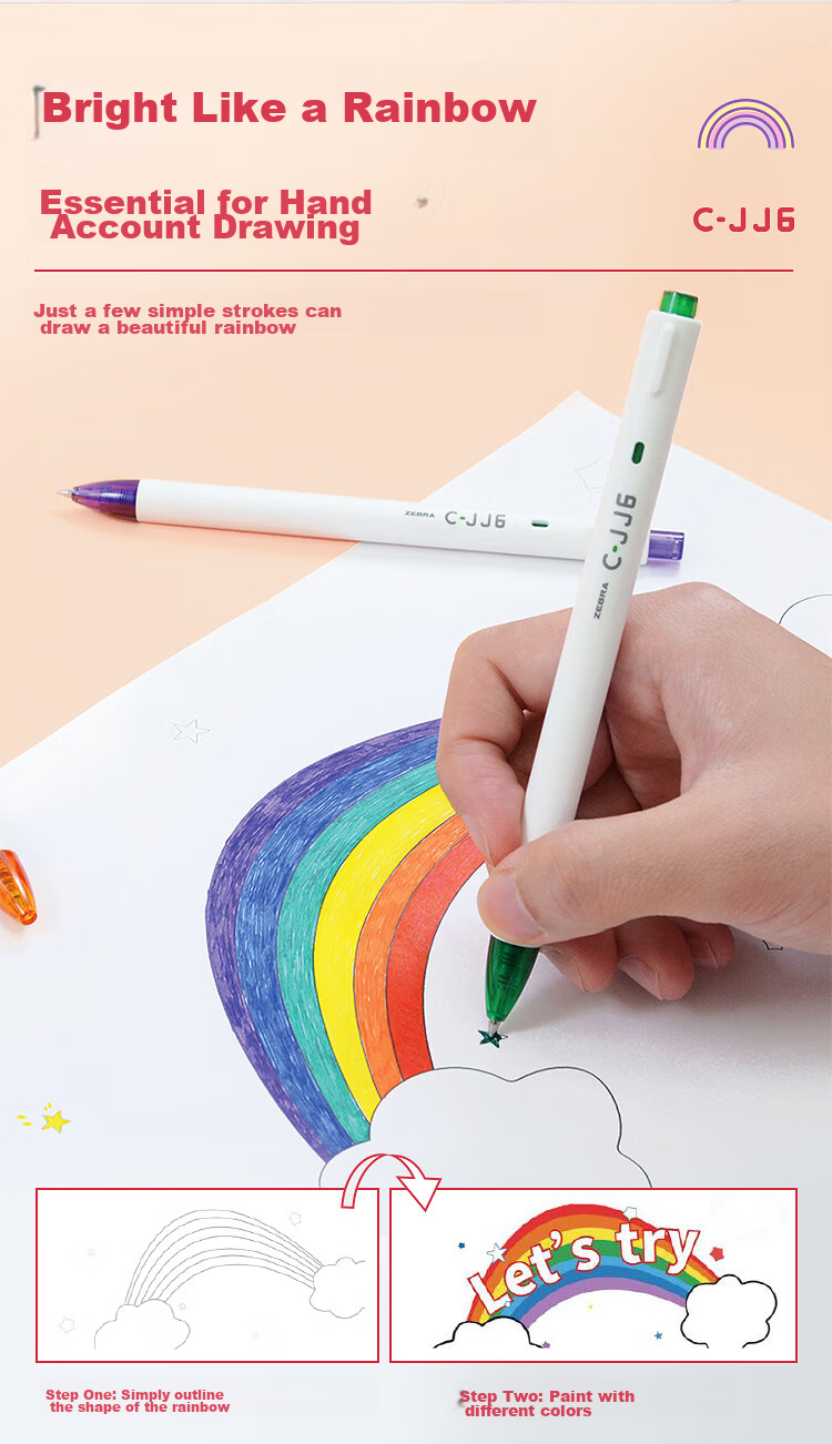ZEBRA Rainbow Retractable Gel Pen, 0.5mm Bullet Tip Signing Pen, Colorful Student Drawing Marking Coloring Journal Pen Ink Pen C-JJ6 Blue-Black Single Pe