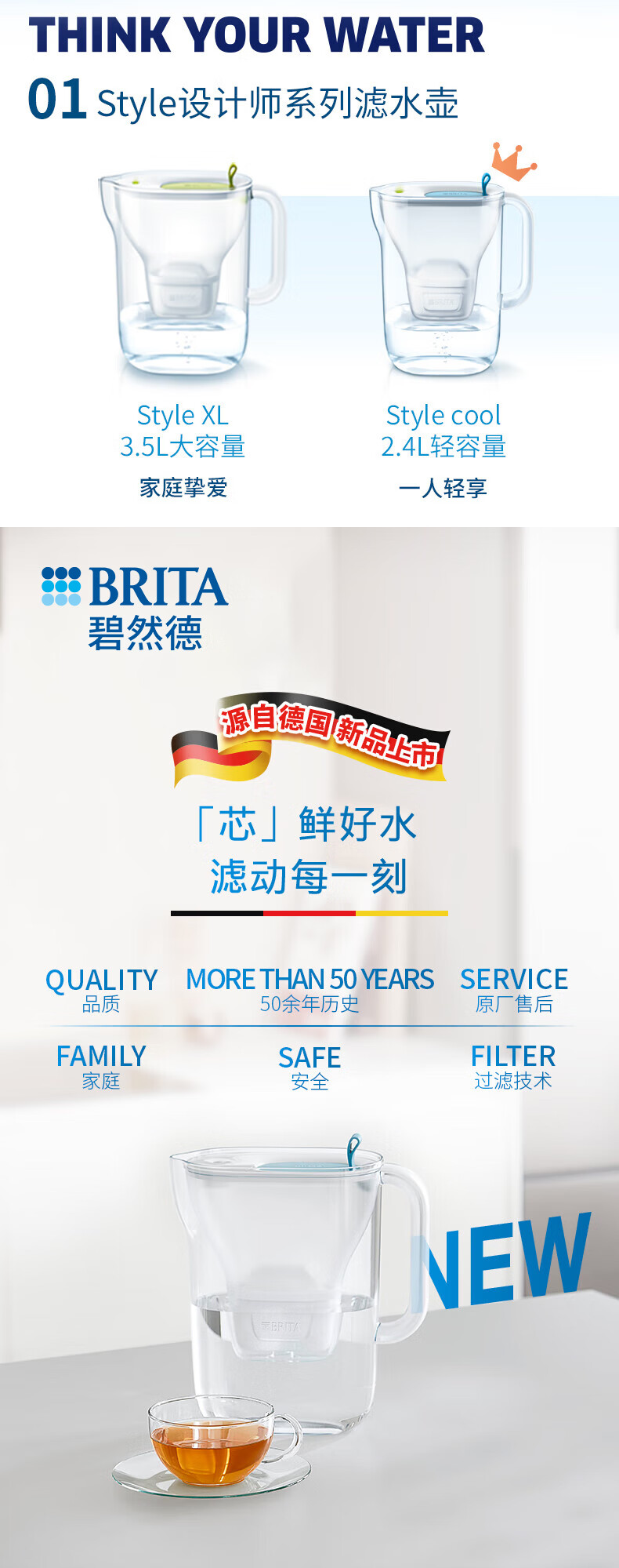 碧然德（BRITA）设计师滤水壶2.4L过滤净水器净水壶style Cool壶