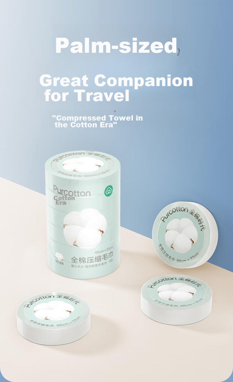 Одноразовые компрессионные полотенца PurCotton, 6 шт. х 6 упаковок, 100% хлопок, портативные для путешествий, купания, красоты и поездок, 66x32 см.