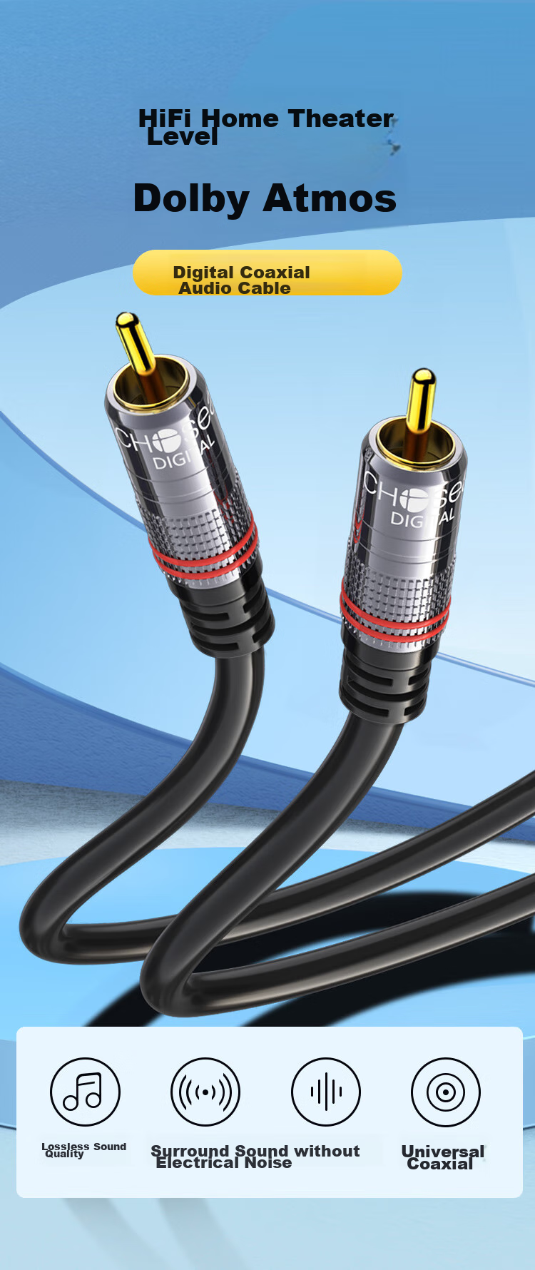 Аудиокабель CHOSEAL QS3550T1D5 RCA, цифровой коаксиальный, 1.5 метра, черный