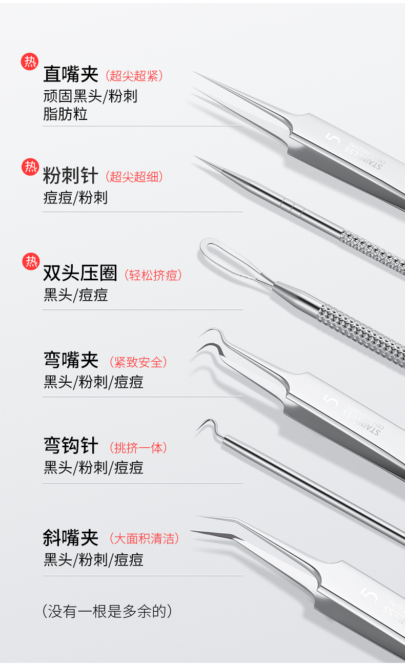 古迪GOOOD超尖粉刺针细胞夹6件套装挤痘痘闭口去黑头刮美容院专用工具镊子