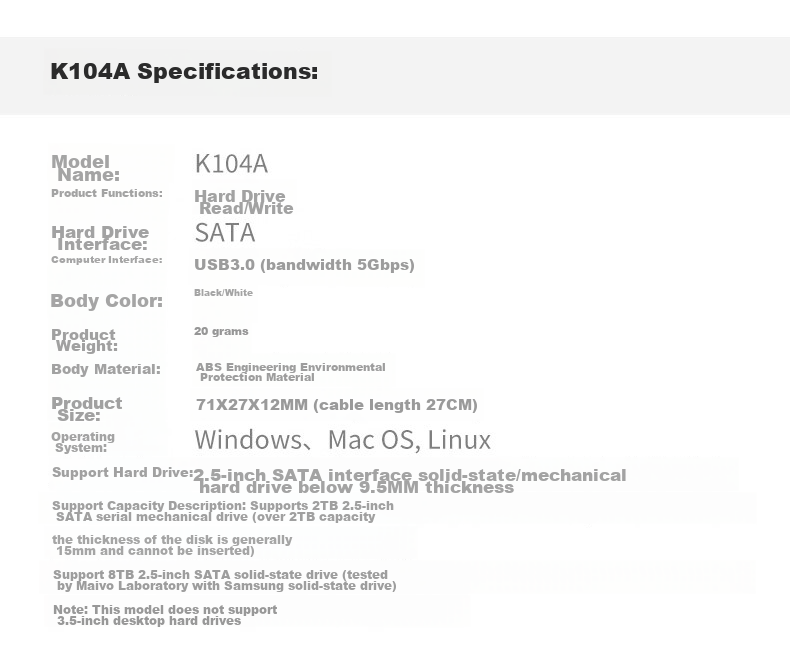 Кабель-адаптер MAIWO K104A для 2.5-дюймовых SATA HDD/SSD, USB 3.0, черный