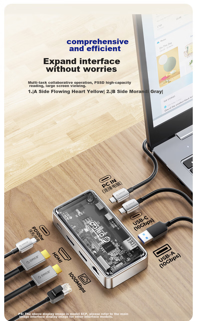 Многофункциональный USB-C хаб ORICO TM10-7P, 7-в-1, HDMI 4K@60Hz, 2.5G Ethernet, PD 100W, USB 10Gbps, аудиоразъем 3.5мм, алюминиевый сплав, серый