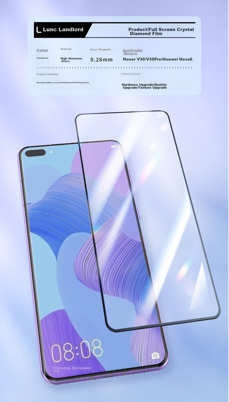 Защитное стекло LLUNC для Honor V30/V30 Pro/Huawei Nova 6/True Q3, полное покрытие экрана, защита от отпечатков пальцев, устойчивость к царапинам