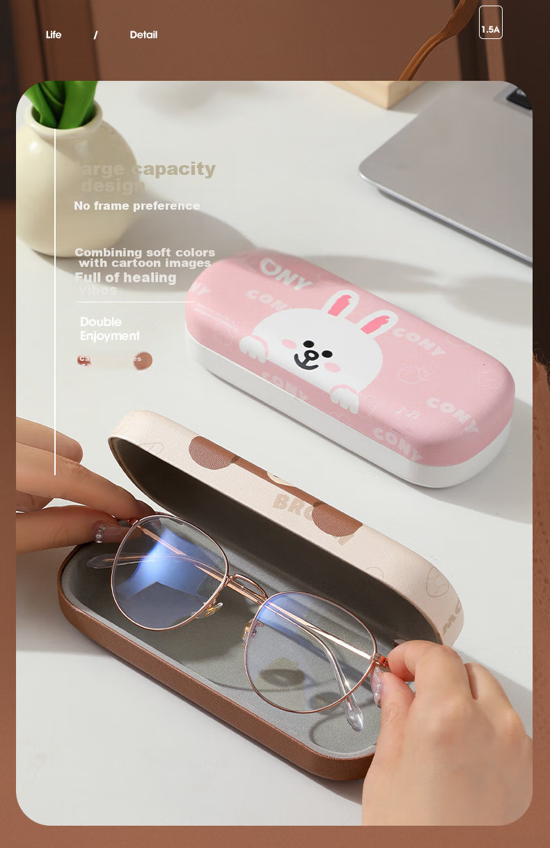 Футляр для очков Fanyejia Premium, портативный, ударопрочный, с чистящей салфеткой, мультяшный дизайн, коричневый