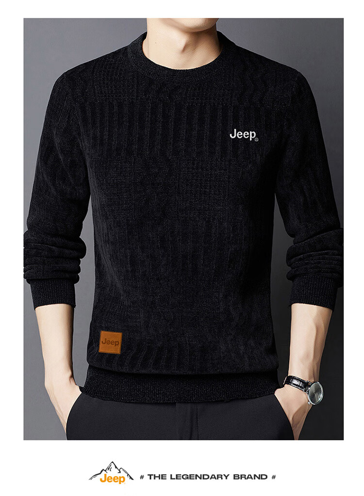 Мужской свитер JEEP, утепленный флисом, осень-зима, с круглым воротом, темно-серый, размер M