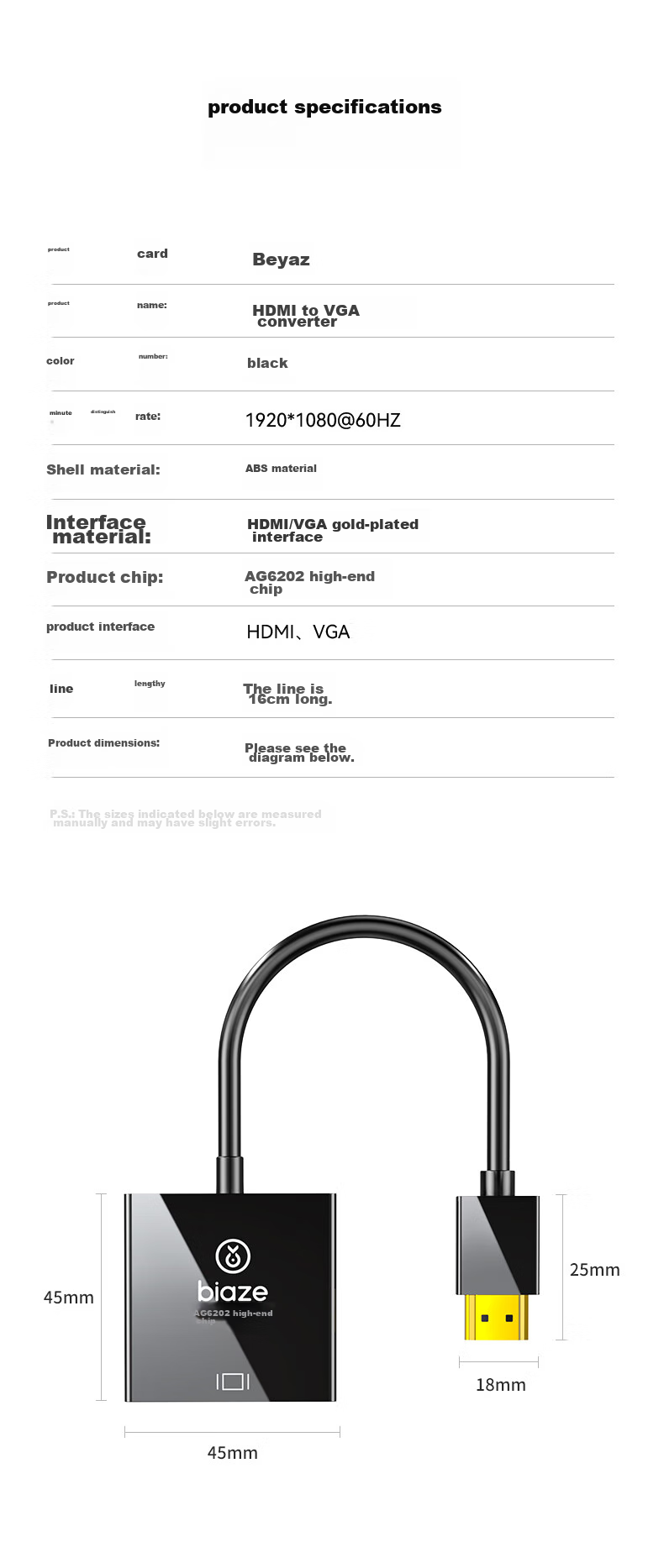 BIAZE [Высокопроизводительный чип AG6202] конвертер HDMI в VGA, адаптер видео высокой четкости, совместимый с ноутбуками, ТВ-приставками, мониторами и проекторами