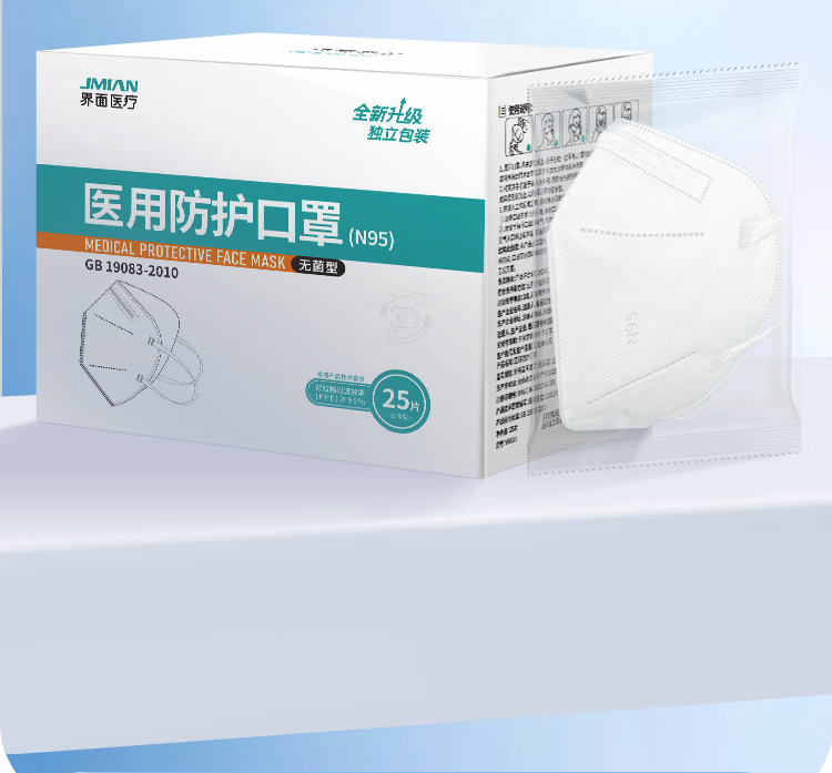界面医疗医用N95口罩成人防护灭菌级防尘防细菌双层熔喷布独立包装  白色25只