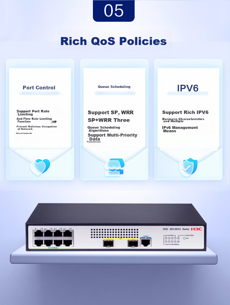 Коммутатор H3C S5130V2-10P-LI, 8 портов Ethernet + 2 оптоволоконных порта, гигабитный управляемый коммутатор уровня 3, IPv6/стекирование/агрегация каналов/настольный